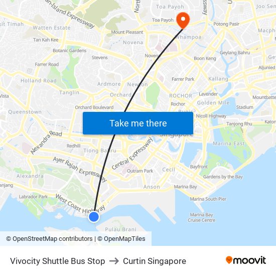 Vivocity Shuttle Bus Stop to Curtin Singapore map