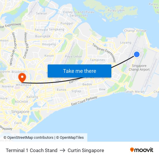 Terminal 1 Coach Stand to Curtin Singapore map