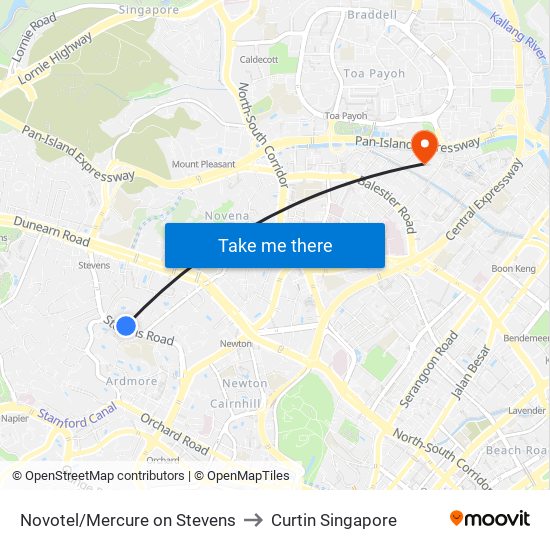 Novotel/Mercure on Stevens to Curtin Singapore map