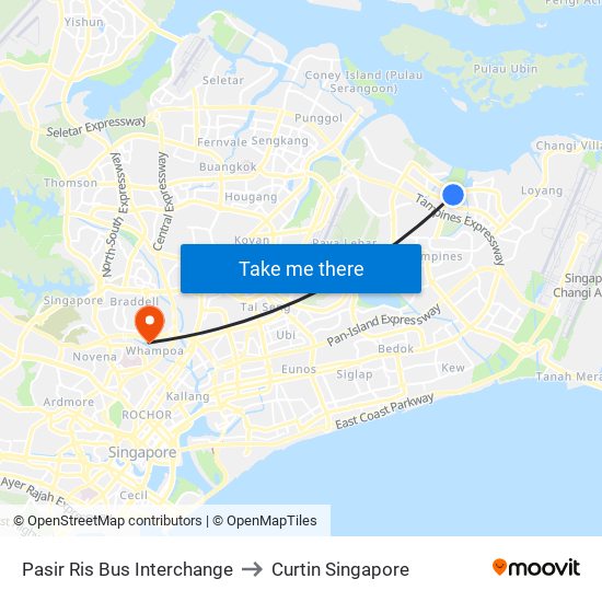 Pasir Ris Bus Interchange to Curtin Singapore map