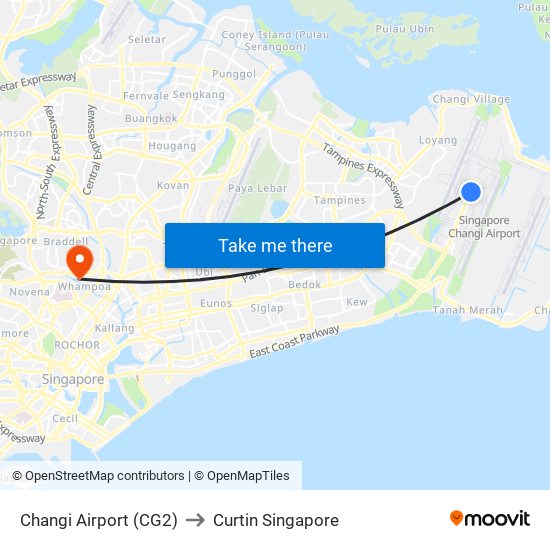 Changi Airport (CG2) to Curtin Singapore map