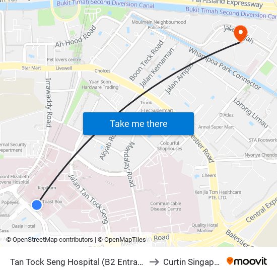 Tan Tock Seng Hospital (B2 Entrance) to Curtin Singapore map