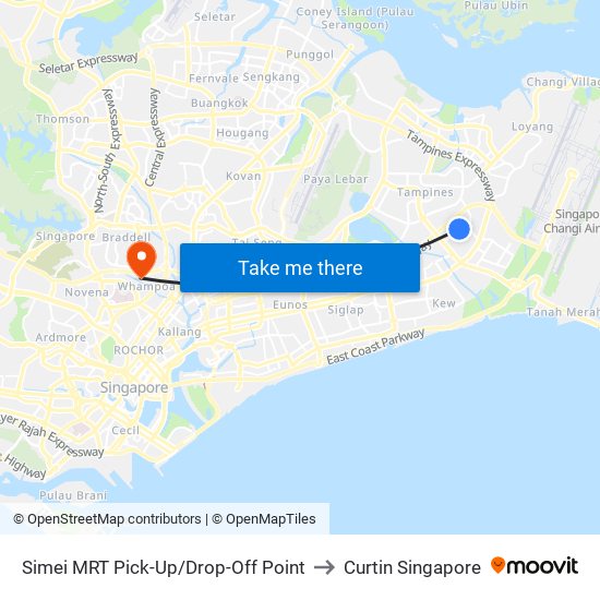 Simei MRT Pick-Up/Drop-Off Point to Curtin Singapore map