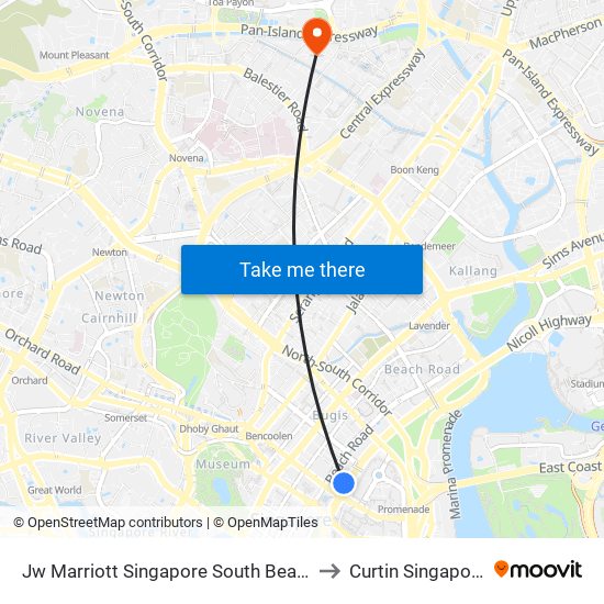 Jw Marriott Singapore South Beach to Curtin Singapore map