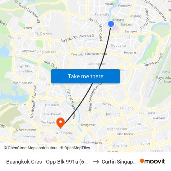 Buangkok Cres - Opp Blk 991a (66609) to Curtin Singapore map