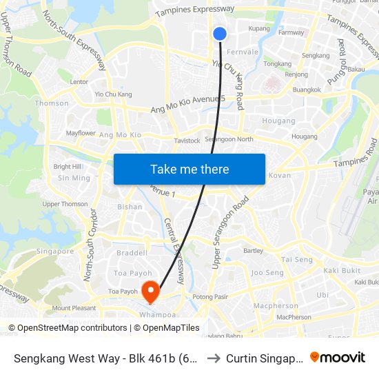 Sengkang West Way - Blk 461b (67999) to Curtin Singapore map