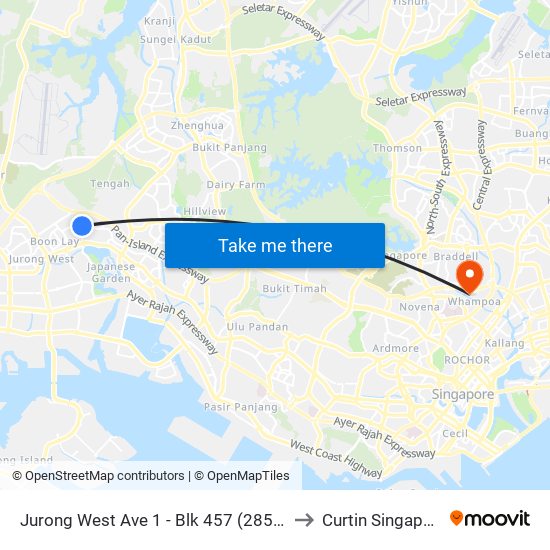 Jurong West Ave 1 - Blk 457 (28521) to Curtin Singapore map