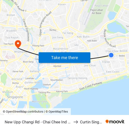 New Upp Changi Rd - Chai Chee Ind Pk (84011) to Curtin Singapore map