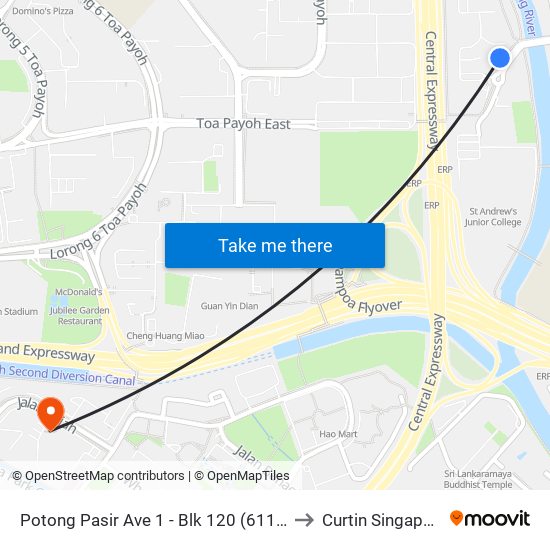 Potong Pasir Ave 1 - Blk 120 (61101) to Curtin Singapore map