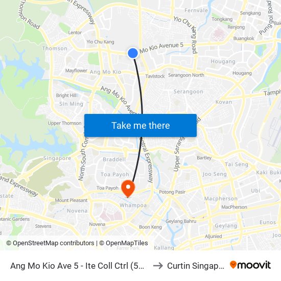 Ang Mo Kio Ave 5 - Ite Coll Ctrl (54481) to Curtin Singapore map