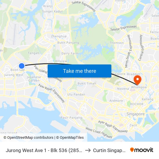 Jurong West Ave 1 - Blk 536 (28531) to Curtin Singapore map