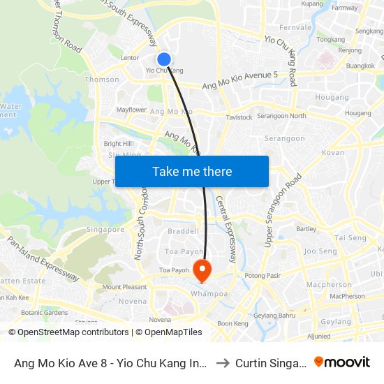 Ang Mo Kio Ave 8 - Yio Chu Kang Int (55509) to Curtin Singapore map