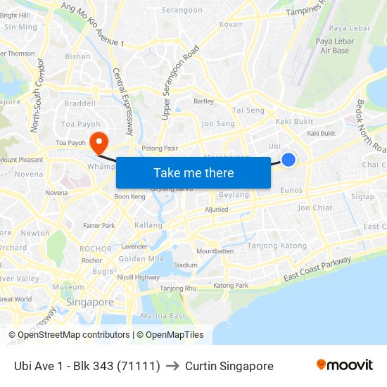 Ubi Ave 1 - Blk 343 (71111) to Curtin Singapore map