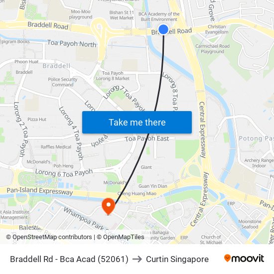 Braddell Rd - Bca Acad (52061) to Curtin Singapore map