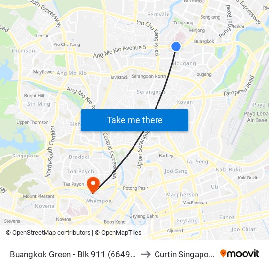 Buangkok Green - Blk 911 (66499) to Curtin Singapore map