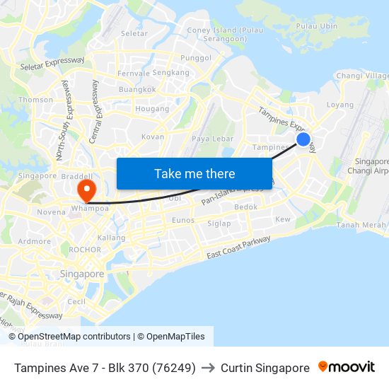 Tampines Ave 7 - Blk 370 (76249) to Curtin Singapore map