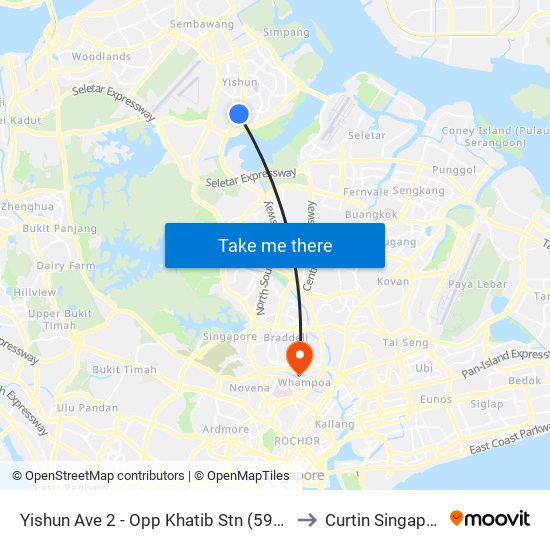 Yishun Ave 2 - Opp Khatib Stn (59049) to Curtin Singapore map