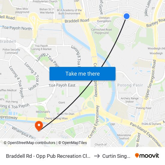 Braddell Rd - Opp Pub Recreation Club (66071) to Curtin Singapore map