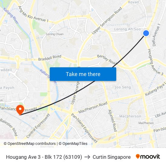 Hougang Ave 3 - Blk 172 (63109) to Curtin Singapore map