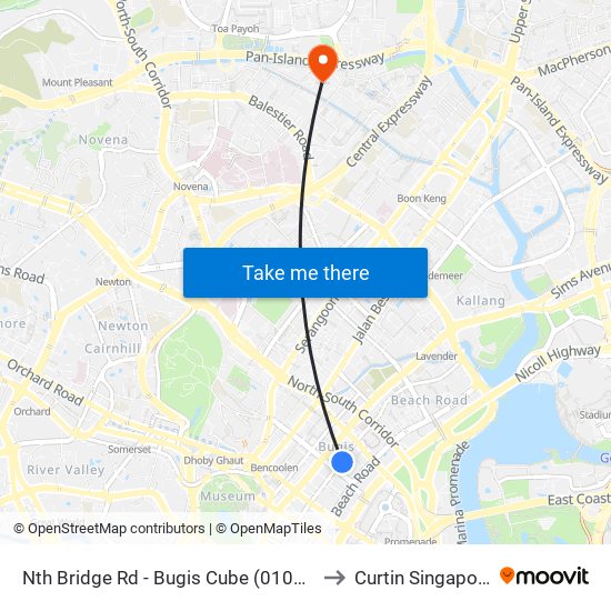 Nth Bridge Rd - Bugis Cube (01039) to Curtin Singapore map