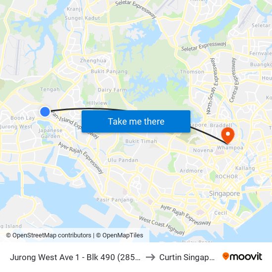 Jurong West Ave 1 - Blk 490 (28501) to Curtin Singapore map