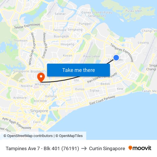 Tampines Ave 7 - Blk 401 (76191) to Curtin Singapore map