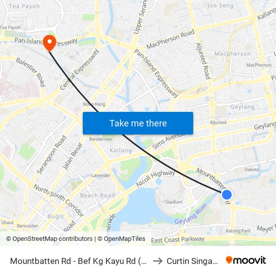 Mountbatten Rd - Bef Kg Kayu Rd (91091) to Curtin Singapore map