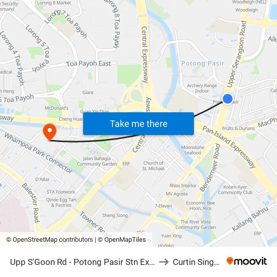 Upp S'Goon Rd - Potong Pasir Stn Exit B (60269) to Curtin Singapore map