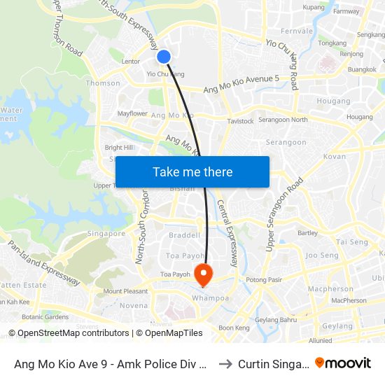 Ang Mo Kio Ave 9 - Amk Police Div Hq (55301) to Curtin Singapore map
