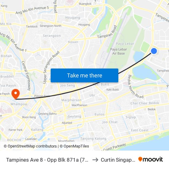 Tampines Ave 8 - Opp Blk 871a (75151) to Curtin Singapore map