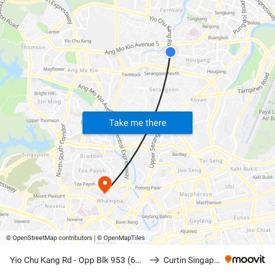 Yio Chu Kang Rd - Opp Blk 953 (64111) to Curtin Singapore map