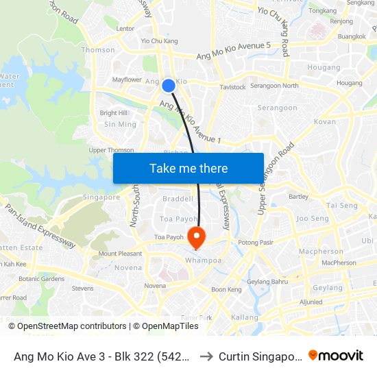 Ang Mo Kio Ave 3 - Blk 322 (54247) to Curtin Singapore map