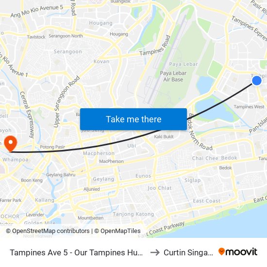 Tampines Ave 5 - Our Tampines Hub (76051) to Curtin Singapore map