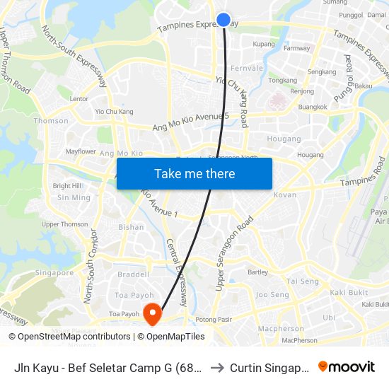 Jln Kayu - Bef Seletar Camp G (68111) to Curtin Singapore map