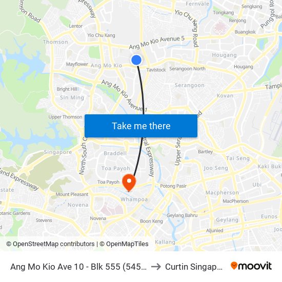 Ang Mo Kio Ave 10 - Blk 555 (54589) to Curtin Singapore map