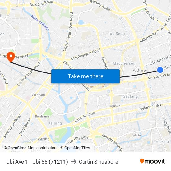 Ubi Ave 1 - Ubi 55 (71211) to Curtin Singapore map