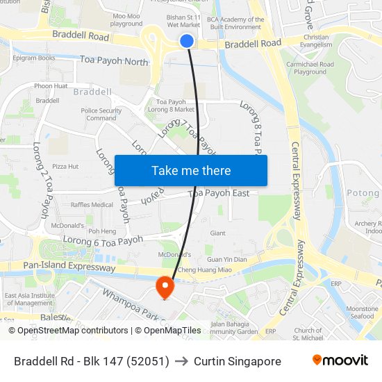 Braddell Rd - Blk 147 (52051) to Curtin Singapore map