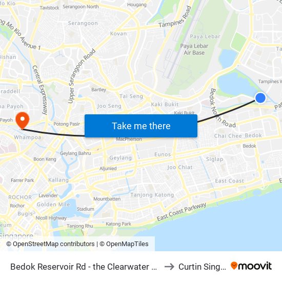 Bedok Reservoir Rd - the Clearwater Condo (75349) to Curtin Singapore map