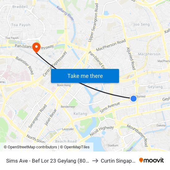 Sims Ave - Bef Lor 23 Geylang (80091) to Curtin Singapore map