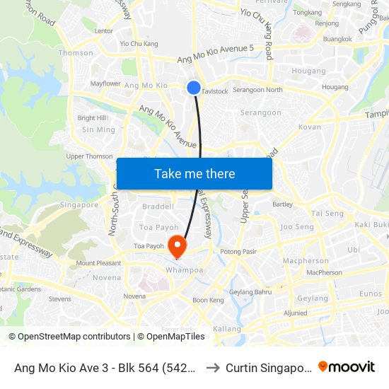 Ang Mo Kio Ave 3 - Blk 564 (54291) to Curtin Singapore map