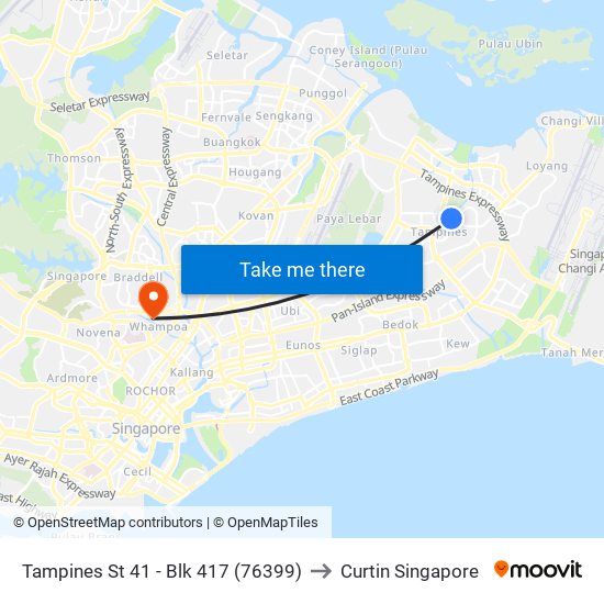 Tampines St 41 - Blk 417 (76399) to Curtin Singapore map
