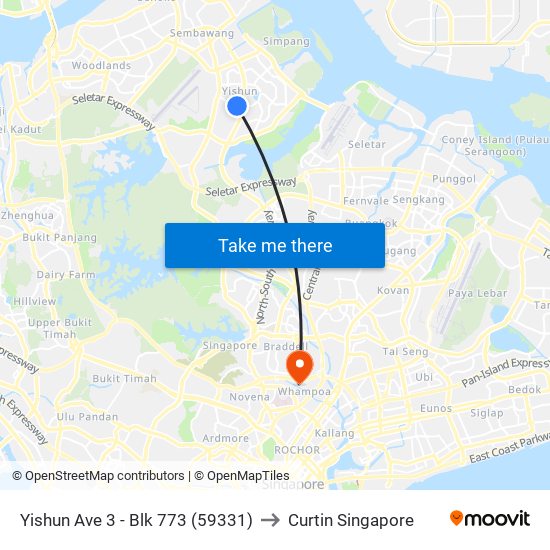 Yishun Ave 3 - Blk 773 (59331) to Curtin Singapore map