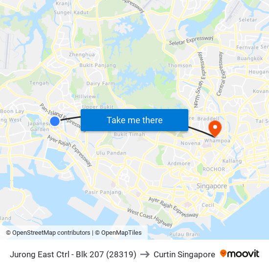 Jurong East Ctrl - Blk 207 (28319) to Curtin Singapore map