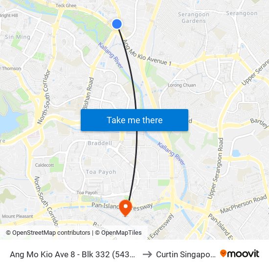 Ang Mo Kio Ave 8 - Blk 332 (54311) to Curtin Singapore map