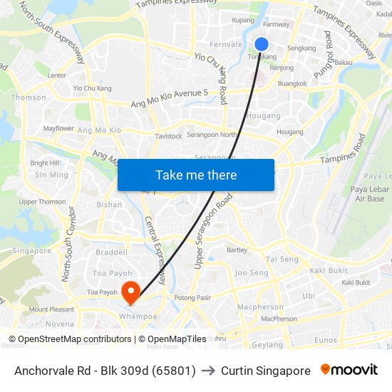 Anchorvale Rd - Blk 309d (65801) to Curtin Singapore map