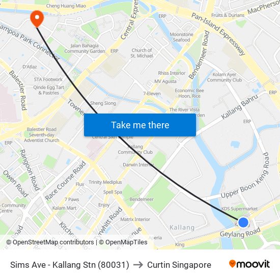 Sims Ave - Kallang Stn (80031) to Curtin Singapore map