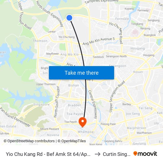 Yio Chu Kang Rd - Bef Amk St 64/Apple Sg (55049) to Curtin Singapore map