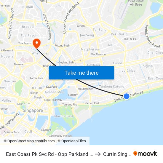 East Coast Pk Svc Rd - Opp Parkland Green (92251) to Curtin Singapore map