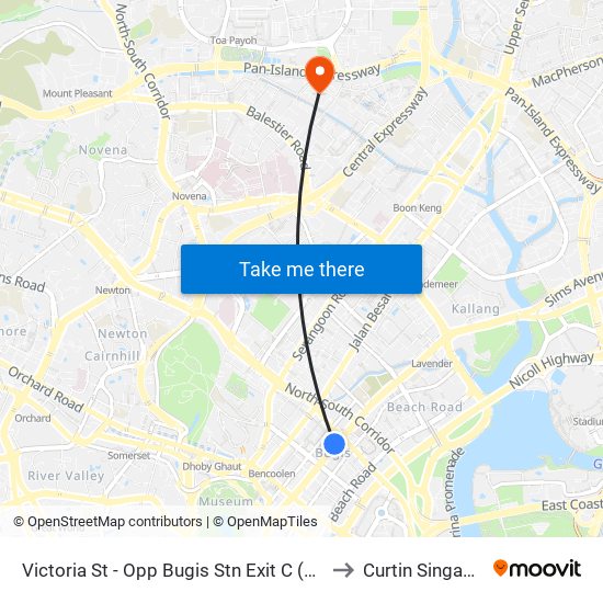 Victoria St - Opp Bugis Stn Exit C (01112) to Curtin Singapore map