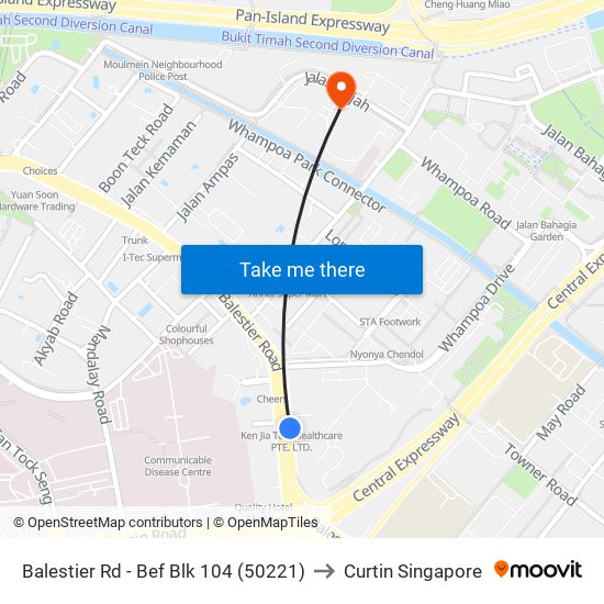 Balestier Rd - Bef Blk 104 (50221) to Curtin Singapore map